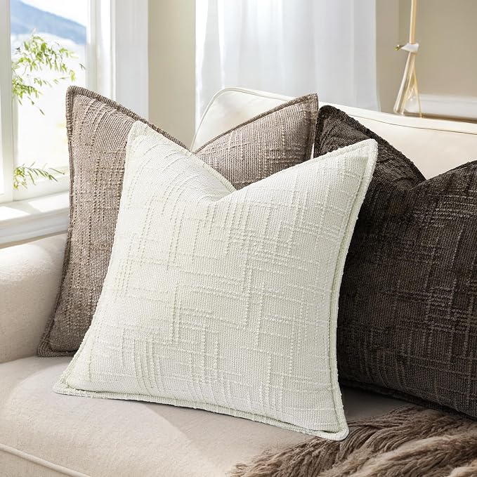 decorUhome Chenille Decorative Throw Pillow Covers 24x24 Set of 2,Oatmeal | Soft Texture, Slubby Modern Design, Flange Edges, Cozy Accent Pillow Covers for Couch, Sofa, Bed, Living Room