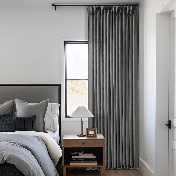 Charcoal Gray Linen Pinch Pleat Semi Sheer 120 Inch Curtains 2 Panels Set | Extra Long Window Curtains for Living Room Bedroom, Double Pleated with Back Tab, Farmhouse Neutral, Memory Shape Trained