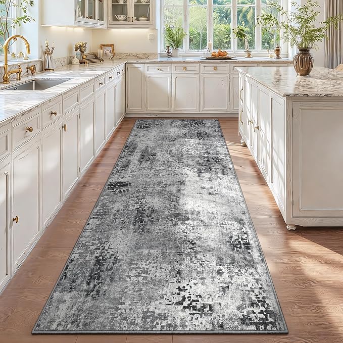 3x10 Grey Rug Runners for Hallways Kitchen Runner Rug Non Slip Washable Black Long Runner Rugs with Rubber Backing Soft Abstract Carpet Runner for Bedroom, Kitchen, Bathroom, Entryway
