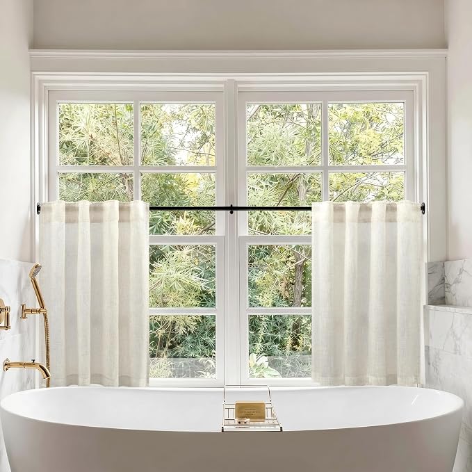 Cream Linen Cafe Curtains 30 Inch Length for Kitchen Windows Over Sink Semi Sheer Light Filtering Tier Curtain Back Tab Rod Pocket Modern Farmhouse Drape for Bathroom Small Half Window 2 Panel 34 x 30