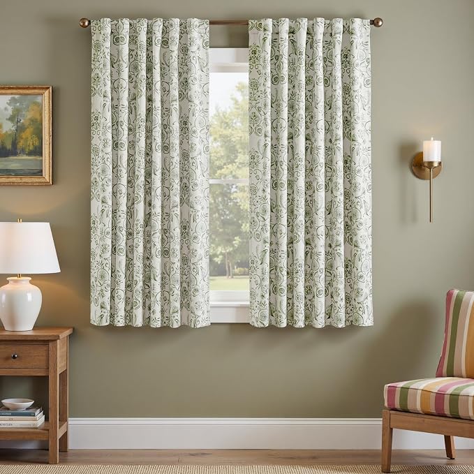 jinchan Green Floral Blackout Curtains 63 Inch Farmhouse Back Tab 2 Panels | Green on beige, room darkening, traditional vintage drapes, bedroom, living room, botanical, flower print, window treatment