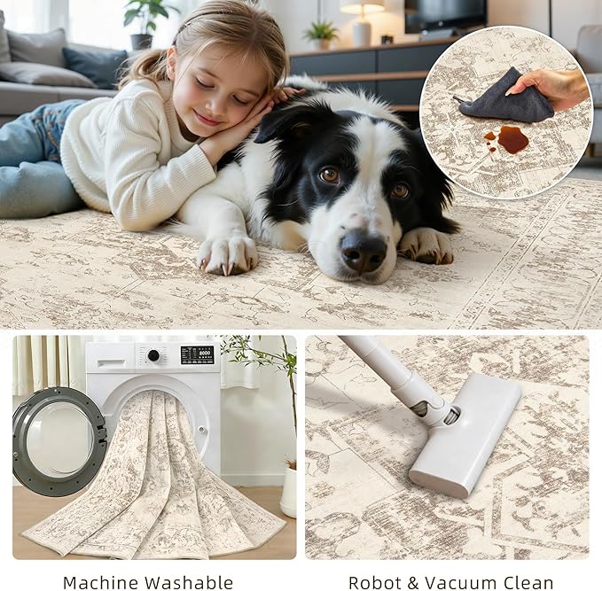 4x6 Area Rugs for Living Room: Vintage Boho Neutral Washable Rug Indoor Soft Large Area Rug Carpet for Bedroom Nursery Farmhouse Dining Room Office Floor Non-Slip Low Pile Under Table Rug Beige/Ivory
