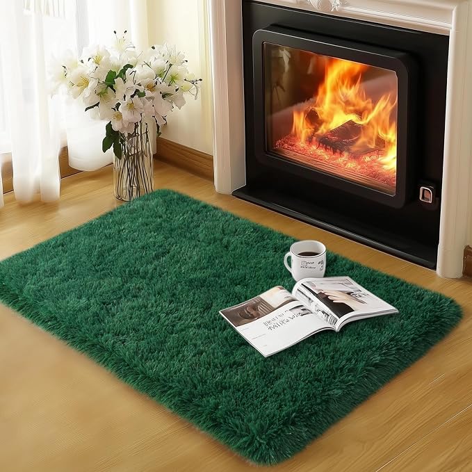 qulint Dark Green Rug for Bedroom, 2x3 Fluffy Area Rug for Living Room | Shag Fuzzy Small Carpet for Kid Room, Plush Shaggy Modern Rug for Boys and Girls Dorm Classroom Christmas Home Decor