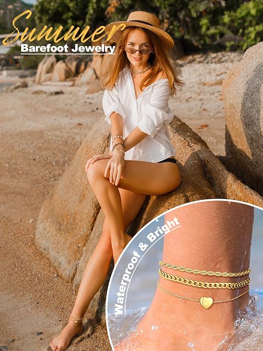 U7 2Pcs/3Pcs Ankle Bracelets for Women, Stainless Steel Cuban Link/Figaro/Rope/Heart Chain Anklets Sets,Waterproof Layered Anklets Adjustable 8.5"-10.5"
