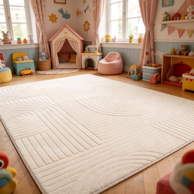 Beige 8x10 Solid Color Area Rug – Washable Living Room Rug, Ultra Soft High-Low Pile Textured Carpet, Modern Non-Slip Indoor Rugs for Bedroom, Nursery, Kids Room, Apartment, Home Office
