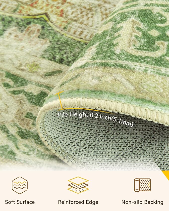 RELEANY Area Rugs Round 6ft Washable Non-Slip, Floral Vintage Distress Medallion Carpet for Living Room Bedroom Dining Room, Sage Green Yellow