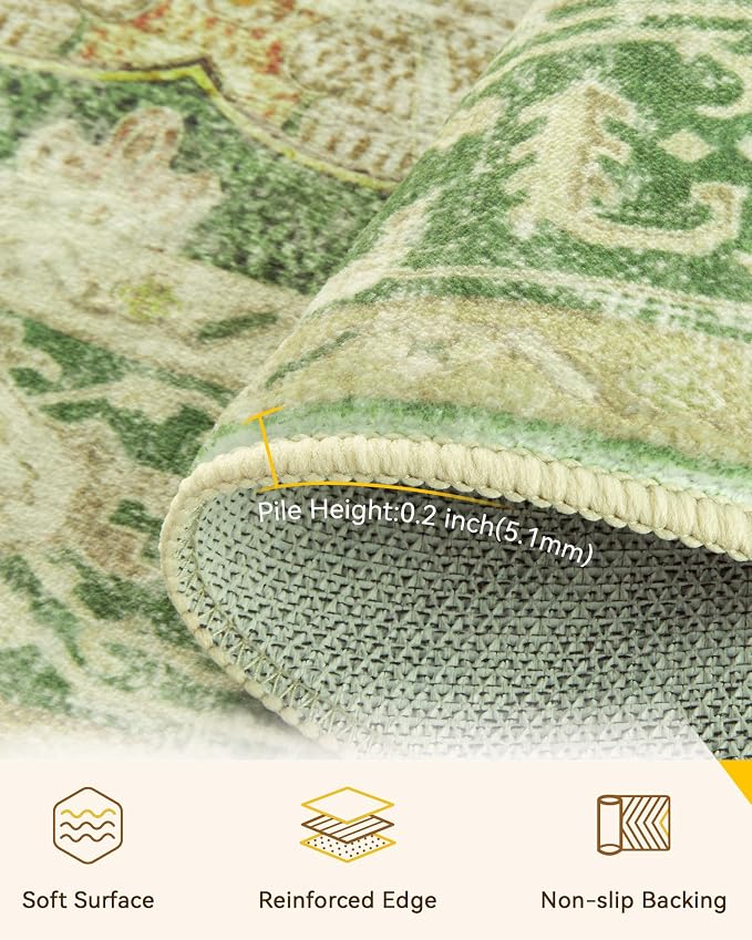 RELEANY Area Rugs Round 7ft Washable Non-Slip, Floral Vintage Distress Medallion Carpet for Living Room Bedroom Dining Room, Sage Green Yellow