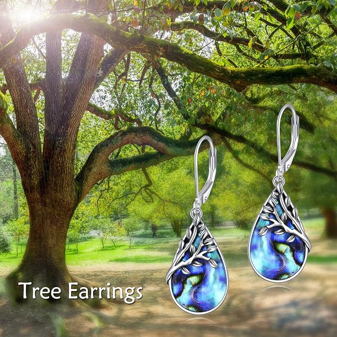 AXELUNA Tree of Life Earrings Sterling Silver Teardrop Abalone Shell Dangle Leverback Earringgs Gifts for Women Girls