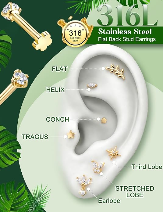 Drperfect 18G Reversible Flat Back Stud Earrings for Women Hypoallergenic Surgical Steel 14K Gold Silver Plated Internal Thread Stud Piercing Jewelry for Tragus Helix Cartilage Conch Piercing