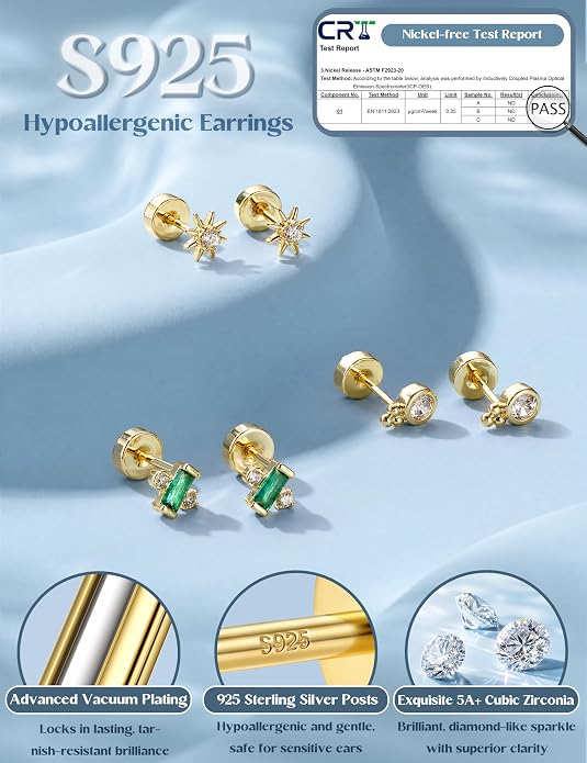 ORAZIO 925 Sterling Silver Flat Back Stud Earrings for Women Hypoallergenic 14K Gold Plated Cartilage Earrings for Sensitive Ears Small CZ Opal Conch Helix Tragus Piercing Jewelry 3 Pairs 20G
