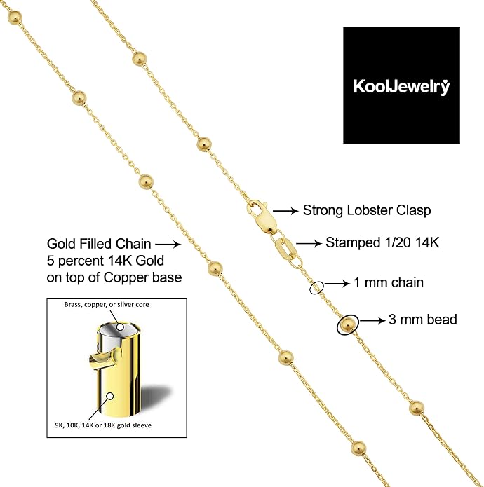 14k Yellow Gold Filled 3 mm Ball Station Satellite Necklace for Women (16, 18, 20, 24 or 30 inch)