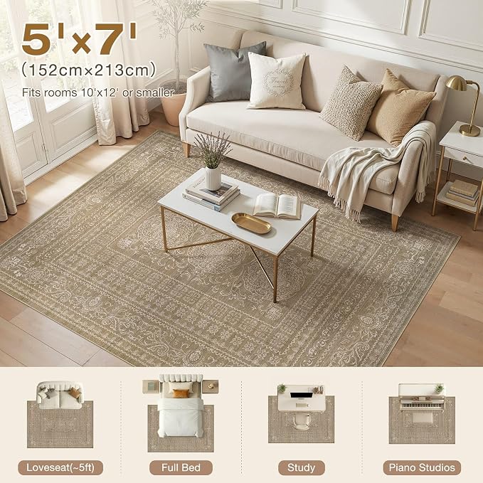 Nakagishi 5x7 Area Rugs Living Room: Washable Large Vintage Rug Neutral Non-Slip Soft Stain Resistant Indoor Carpet for Bedroom Nursery Dining Room Office Playroom - Dark Brown