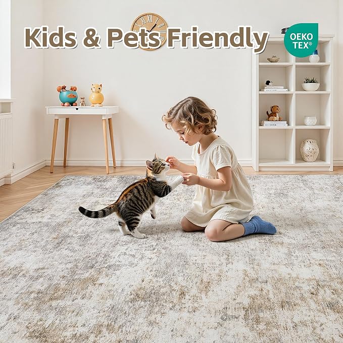 6x9 Area Rugs Living Room Rug Modern Abstract Neutral Washable Rugs Non Slip Soft Carpet Large Area Rug Low Pile Stain Resistant Non Shedding for Bedroom Nursery Dining Room Home Office Brown