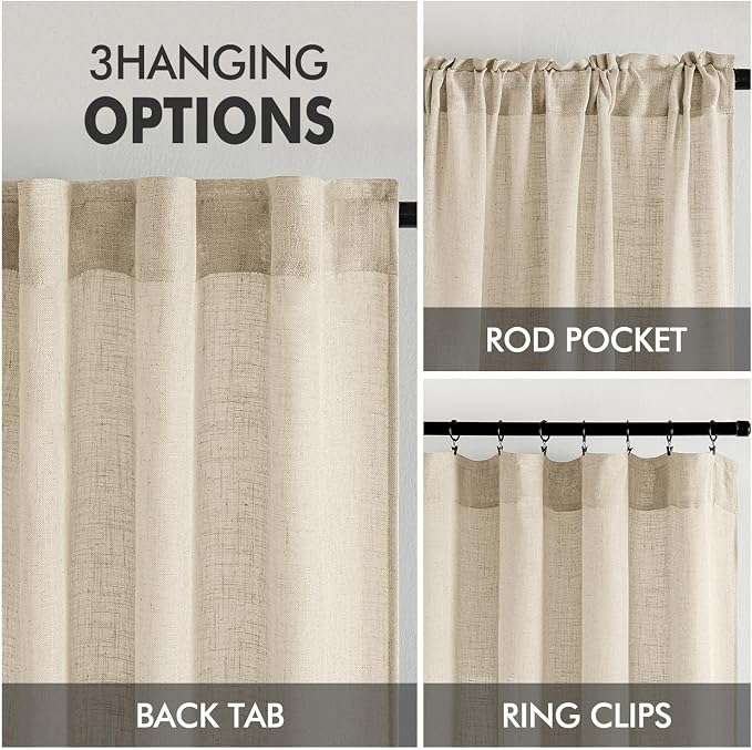 MIULEE Linen Curtains 54 Inch Length 2 Panels for Bedroom Living Room, Soft Thick Linen Textured Back Tab Short Window Drapes Semi Sheer Light Filtering Rod Pocket Modern Farmhouse Decor