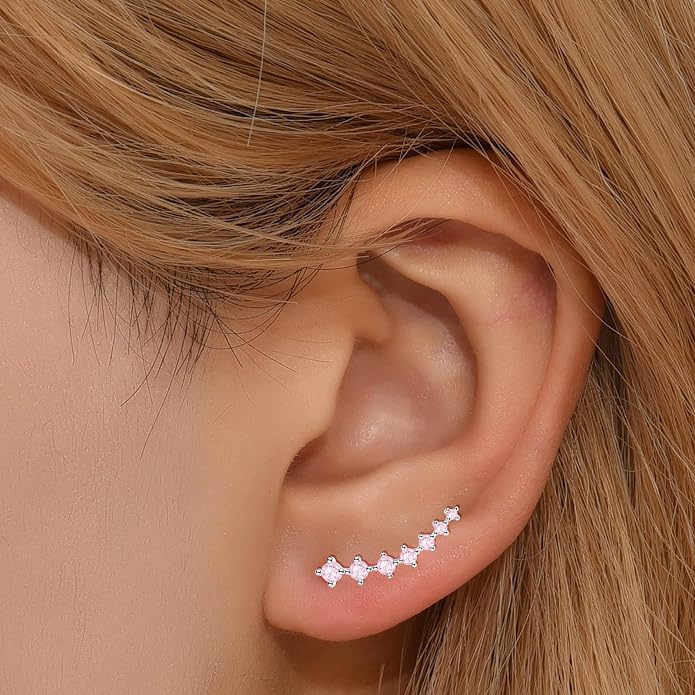 Climber Earrings for Women Ear Crawler Earrings White Gold Plated Cubic Zirconia Created Pink Tourmaline Earring Gifts for Women
