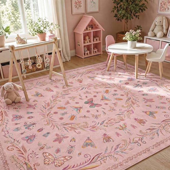 Lunasun Butterfly Area Rugs 5x7 for Baby Nursery, Cute Pink Rugs for Bedroom Girls, Living Room, Kids Room Playroom Reading Corner, Washable Ultra Soft Stain Resistant Floral Floor Decor