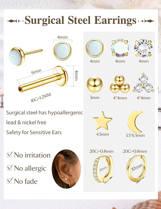 Sanfenly Threadless Flat Back Earrings Studs 316L Surgical Steel Cartilage Earrings for Women Men Push in Nose Rings Studs 20G 18G 16G CZ Opal Tragus Helix Conch Lip Labret Medusa Nostril Piercing Jewelry Hypoallergenic