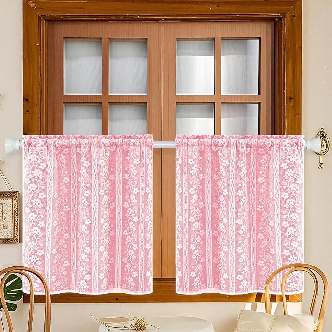 ASPMIZ Pink Kitchen Curtains Double Layer Curtains with Linen Lace, Linen Kitchen Window Curtain 24 inch Length Farmhouse Tier Curtain for Small Windows Rod Pocket Window Treatments for Cafe Bathroom