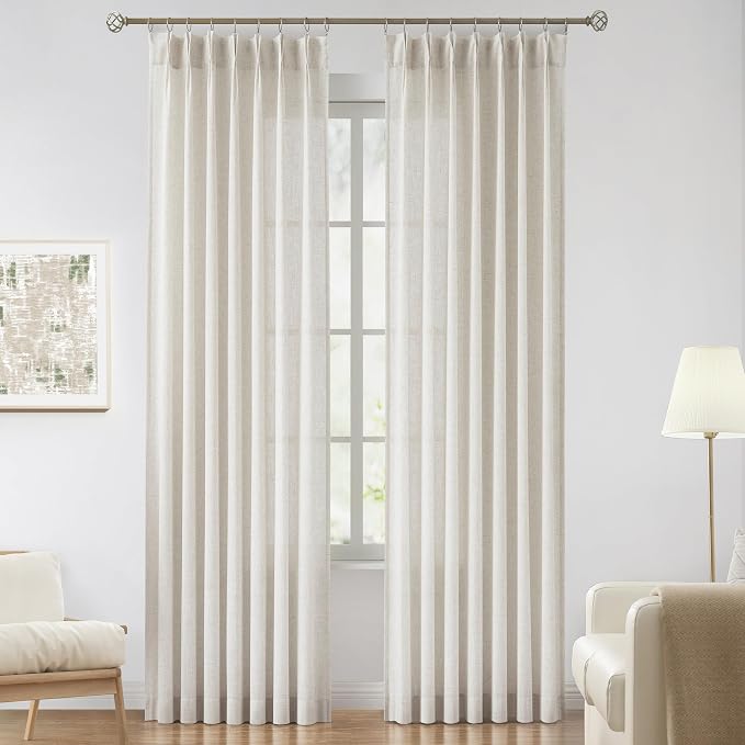 Vision Home Natural Pinch Pleated Semi Sheer Curtains Textured Linen Blended Light Filtering Window Curtains 120 inch for Living Room Bedroom Pinch Pleat Drapes with Hooks 10ft 2 Panels 42" Wx120 L