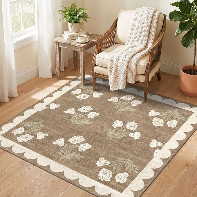 Tan Square Rug 4ft - Soft Washable Boho Farmhouse Square Entryway Rug Non Slip 4x4 Stain Resistant Cottage Floral Scalloped Throw Rugs for Living Room Bedroom Dining Room Bathroom Nursery