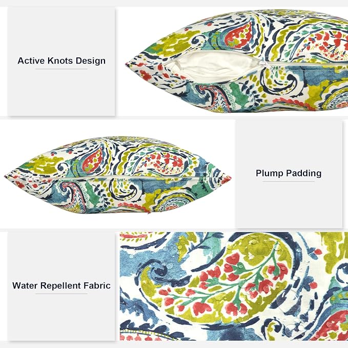 Outdoor 20x20 Inch Throw Pillows with Inners, Square Pillows Decorative Set of 2 for Home Garden Furniture, Paradise Paisley