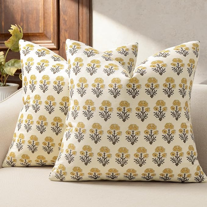 Farmhouse Floral Pillow Covers 20x20 Set of 2, Country Botanical Throw Pillow Cover for Sofa Couch Bed Living Room, Earthic Vintage Flower Cushion Covers Cottage Home Decor,Golden Mustard