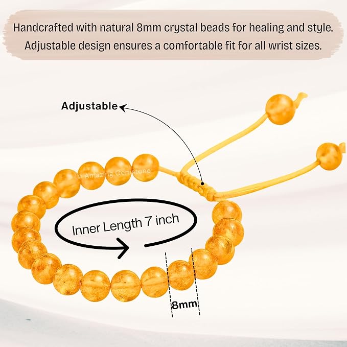 Amazing Gemstone Amber Quartz Bracelet for Women Men's Gifts - Protection Healing Crystal Bracelet - 8mm Gemstone Beaded Adjustable Bracelet Pulseras para Hombres Mujer Stocking Stuffers