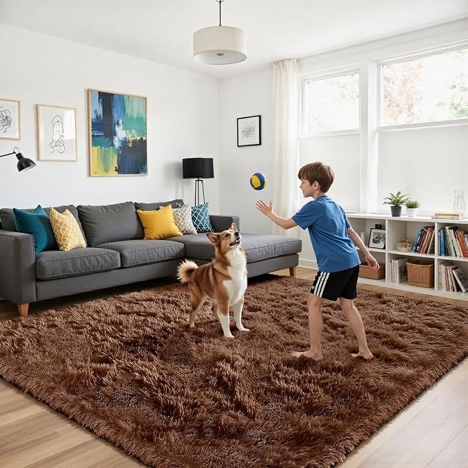 Fluffy Rug Shag Area Rug, Brown 3x5 Area Rugs for Bedroom, Small Bedside Rug, Soft Fluffy Shag Entryway Throw Rugs for Living Room Bedroom Room Home Decor