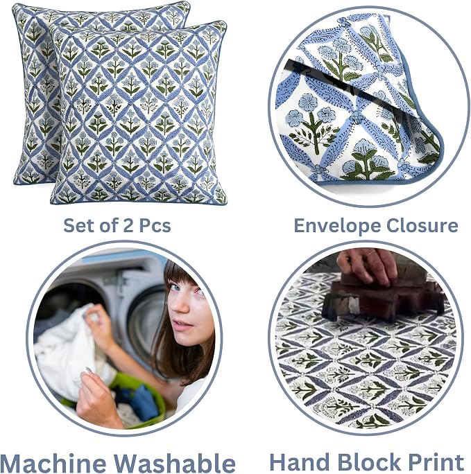 Ridhi Block Print Light Steel Blue Pillow Cover 16" x 16" (Pack of 2) Decorative Couch Pillows for Living Room, Chic Boho Cute Outdoor Pillows Covers Gifts for Spring, Easter and Valentine