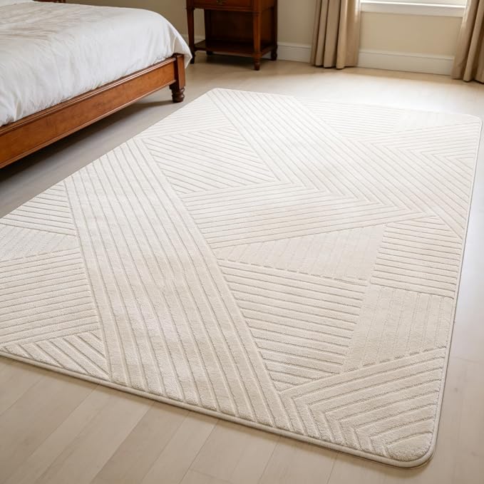 Cream Beige 5x7 Geometric Area Rug - Modern Geometric High-Low Pile Rugs for Living Room Bedroom, Washable Non-Slip, Textured Indoor Rugs for Nursery, Kids Room, Home Office