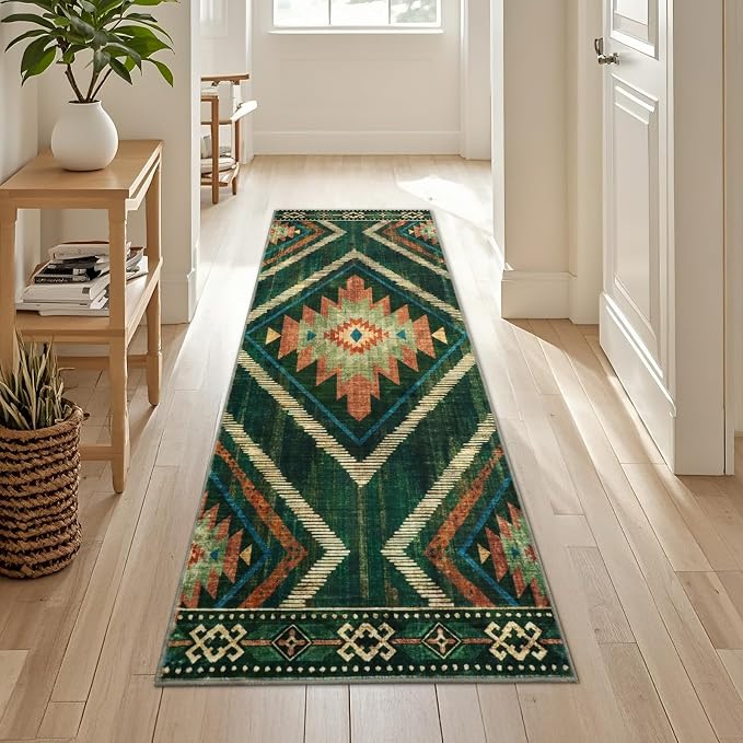 Runner Rugs for Hallway Boho 2x6Ft Non Slip, Green Moroccan Washable Farmhouse Kitchen Rug Runner Non Slip, Soft Geometric Bedroom Entryway Floor Carpet for Entrance Home Decor