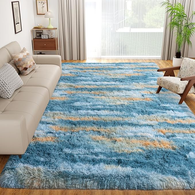 Dssimo Blue and Yellow Rugs for Living Room Bedroom, 5x7 Shaggy Area Rug | Large Plush Furry Upgrade Non-Slip Abstract Rug for Nursery Kids Room Dorm Room Home Decor, Modern Indoor Floor Carpet