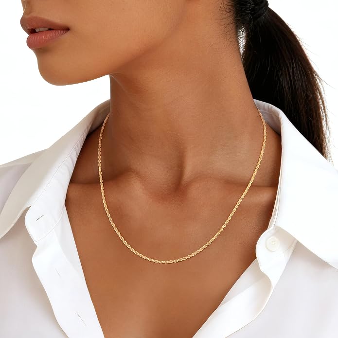 2mm Rope Chain 925 Sterling Silver Chain Necklace for Women, 14K Gold Plated Chains for Women Durable & Smooth Women's Chains Necklace, 16 18 20 22 24 26 Inch