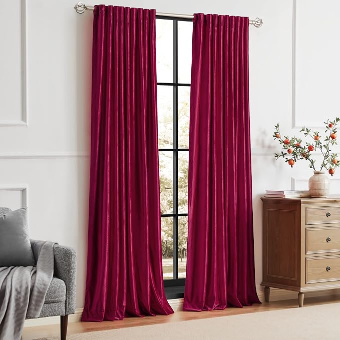 PRIMROSE Red Curtains 108 inch for Living Room Velvet Drapes Blackout Rod Pocket Back Tab Window Treatment Semi Room Darkening Decor Curtains for Bedroom Set of 2 Panels