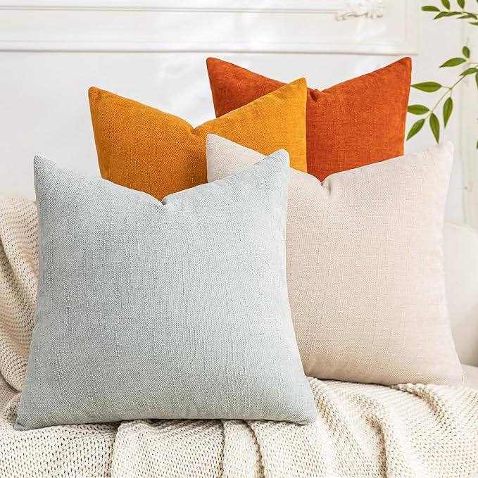 Set of 4 Soft Textured Decorative Throw Pillow Covers 24x24 Inch Cozy Farmhouse Cushion Cover Square Accent Pillow Cases for Bed Couch Sofa Living Room, Beige Aqua Burnt Orange