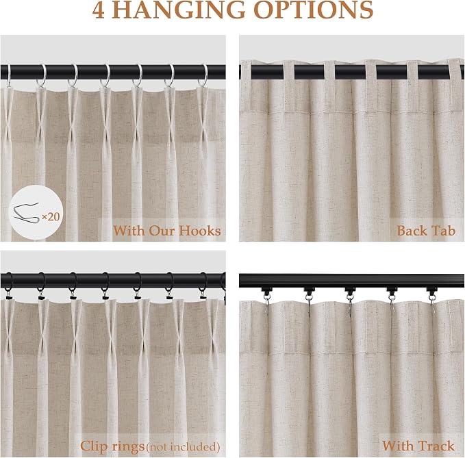 Aersas Ivory White Pinch Pleated Linen Curtains 96 Inches Long for Living Room 2 Panel Set Pleat Semi Sheer Back Tab with Hooks Neutral Boho Modren Curtain Drapes for Bedroom Window, 40x96 Inch