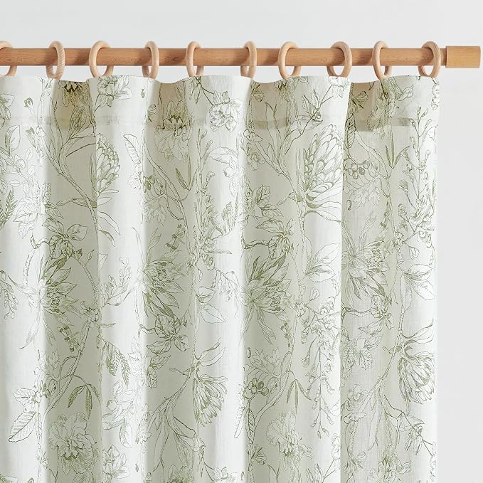 jinchan Floral Curtains 84 Inches Long Sage Green Flower Linen Farmhouse Curtain for Living Room French Country Vintage Curtain Rod Pocket Curtains Set 2 Panels Floral Printed