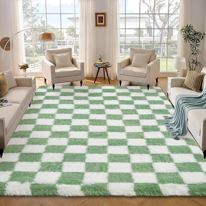 Garvee Checkered Area Rug 10x13 Large Rug Thick Super Soft Shaggy Rugs Fluffy Carpet Fluffy Fuzzy Shag Washable Rugs for Living Room Nursery Bedroom Luxury Playroom Teen Plush Carpets,Green White