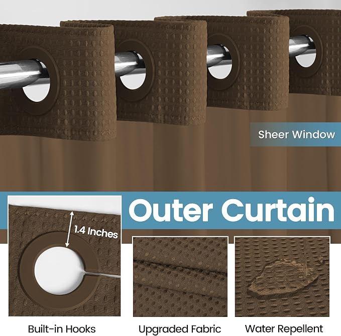 EUTXL Heavyweight Brown Stall No Hook Shower Curtain with Snap in Liner,256GSM Waffle Weave Shower Curtains for Bathroom,54W x 80H