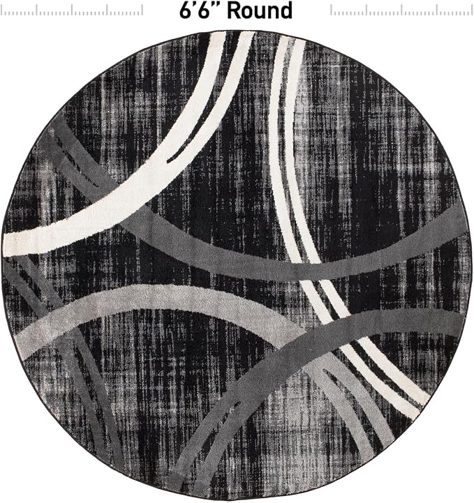 Rugshop Wavy Circles Modern Non-Shedding Living Room Round Rug Black 6'6"