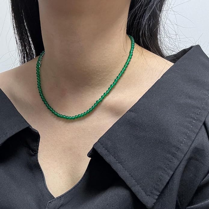 Kakikaki Natural Agate Choker Necklace Sterling Silver Round Beads Strand Necklace for Women