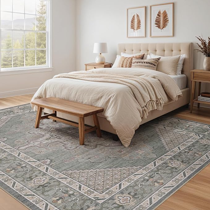 Tortania Area Rug Living Room Rugs - 12x15 Washable Boho Rug Vintage Oriental Distressed Farmhouse Large Thin Indoor Carpet for Living Room Bedroom Under Dining Table Home Office - Green Gray