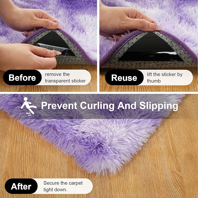 2x3 Rugs for Bedroom, Fluffy Area Rugs for Living Room, Small Fuzzy Shag Soft Carpet with 4 Non-Slip Adhesive Strips for Kids Boys and Girls Nursery Dorm Home Decor (2ft X 3ft, Tie-Dyed Purple)