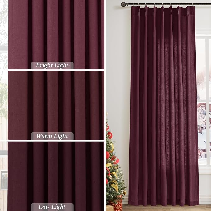 Aersas Burgundy Pinch Pleated Linen Curtains 108 Inch Length 2 Panels for Living Room Bedroom Semi Sheer Window Curtain Boho Neutral Back Tab Pinch Pleat Drape with Hooks 40x108
