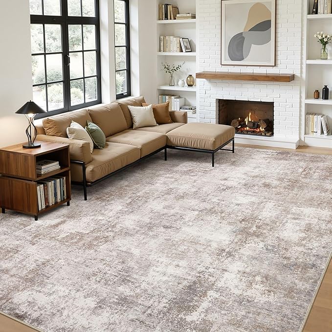12x15 Area Rugs for Living Room, 12x15 Rug Washable High-Low Pile | Neutral Modern Abstract Carpet, Non Slip Lightweight Soft Made for Dining Room, Home Office Indoor Decor - Brown