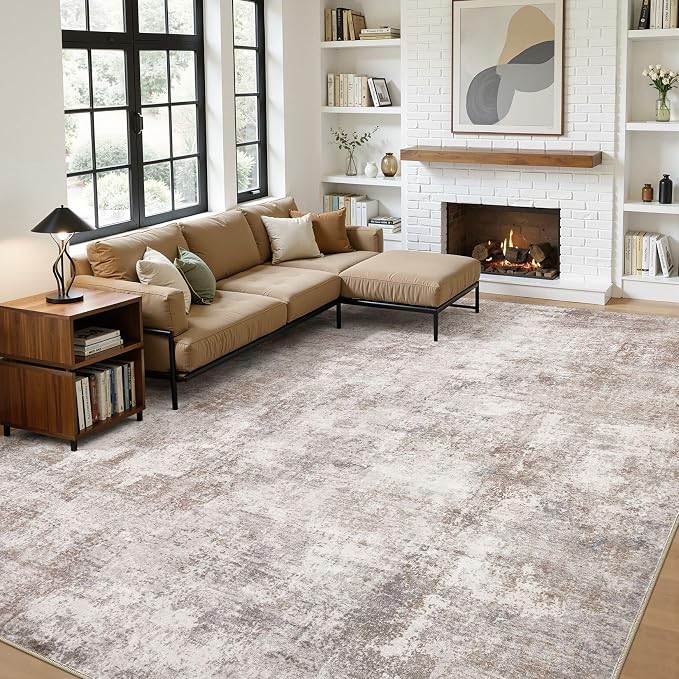 10x14 Area Rugs for Living Room, 10x14 Rug Washable High-Low Pile | Neutral Modern Abstract Carpet, Non Slip Lightweight Soft Made for Dining Room, Home Office Indoor Decor - Brown