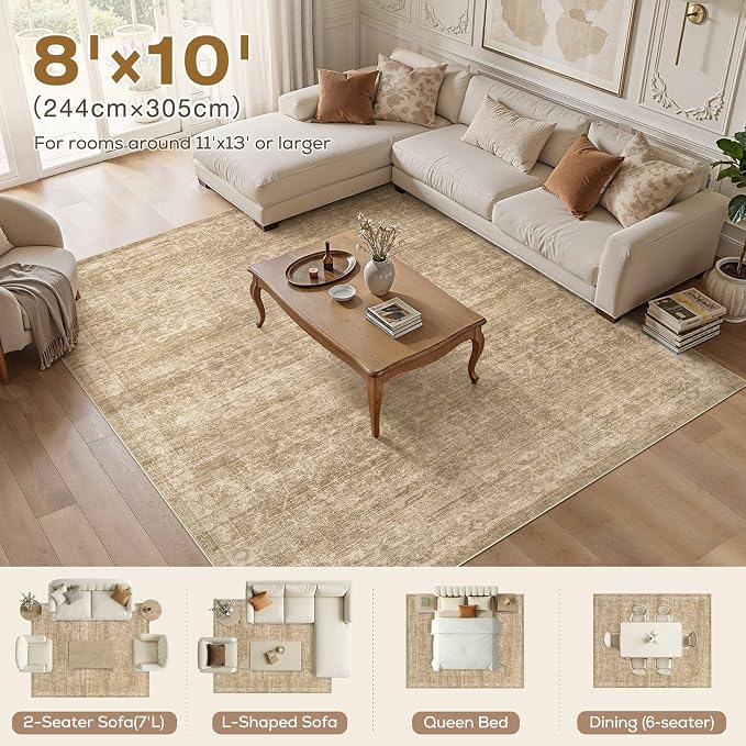 Nakagishi 8x10 Area Rugs Living Room: Washable Large Vintage Rug Neutral Non-Slip Soft Stain Resistant Indoor Carpet for Bedroom Nursery Dining Room Office Playroom - Dark Brown