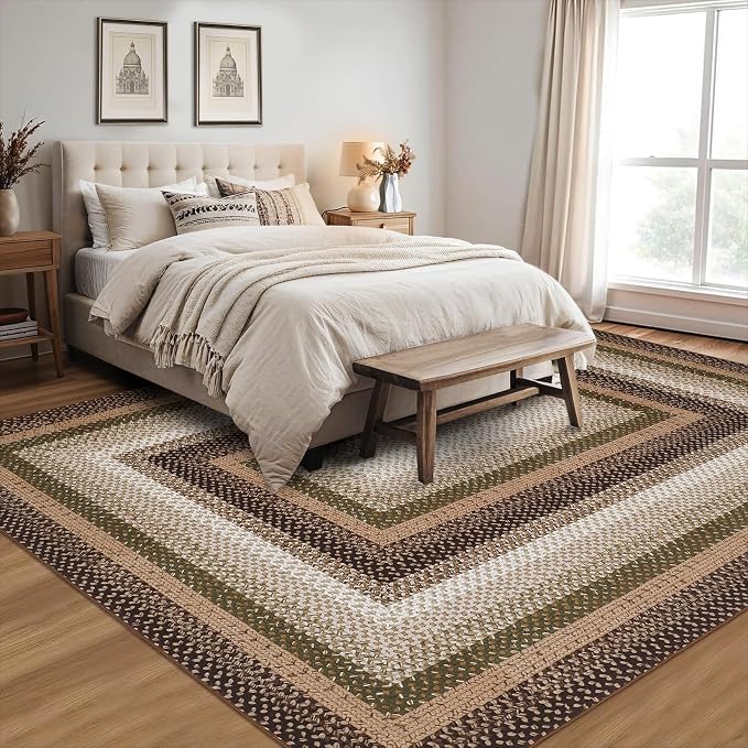 RUGSREAL 9x12 Braided Rug Washable Living Room Rug Modern Braid Printed Large Bedroom Area Rug Non Slip Dining Room Rug with Rubber Backing Farmhouse Accent Carpet for Home Decor Office, Moss/Brown