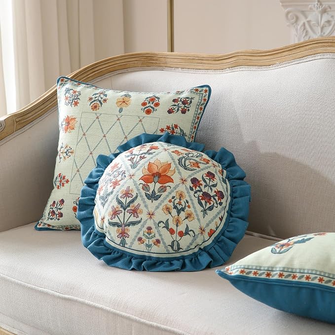 ISAENNE Linen Round Throw Pillow Cover,Set of 2,Diameter 16"-Floralsea A | Designer French Elegant Pillow Cover,Concealed Zipper Design,Sofa,Bedroom,Living Room,Lounge Chairs,All Season Home Decor