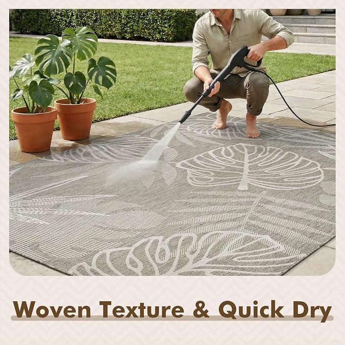 MontVoo-Outdoor Rug-Patio Rug 5x7 ft Polypropylene Indoor Outdoor Rugs Outdoor Carpet for Patio Deck Balcony Porch, Textured Weave, Durable for High Traffic, Fade-Resistant, Tropical Silver Grey